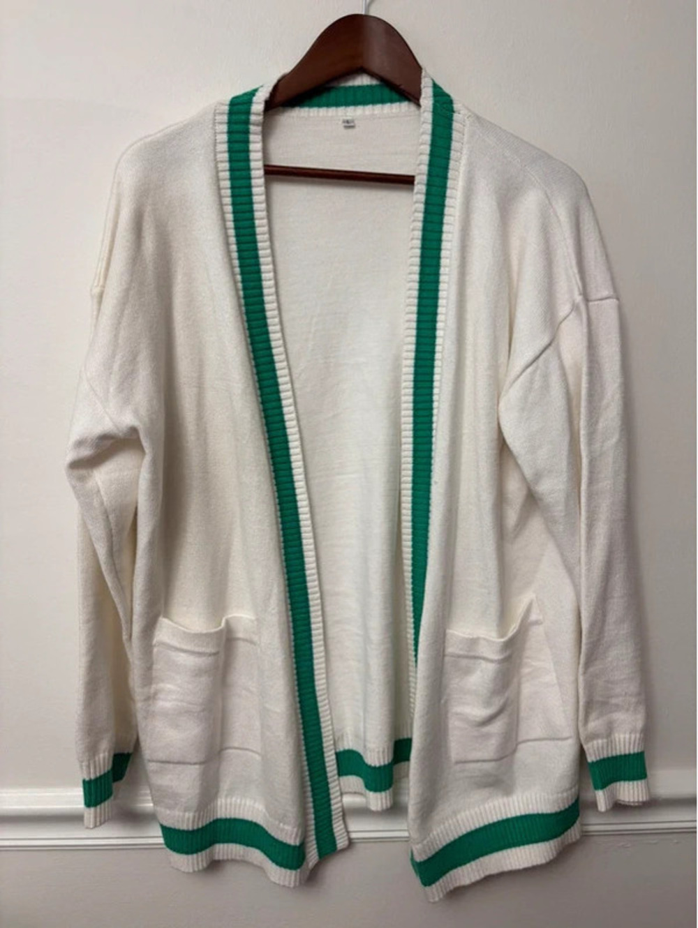 Women’s Large Ivory Green Striped Open-Front Varsity Cardigan - Picture 2 of 5